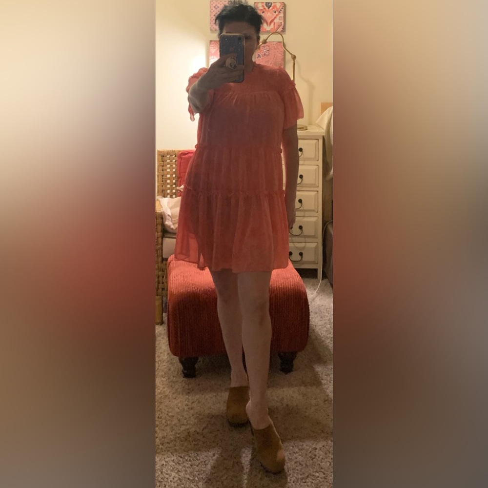 OlIVIACEOUS Pink Tiered Gauze Ruffle Smocked Babydoll Dress Lined Short Sleeves - Picture 7 of 10